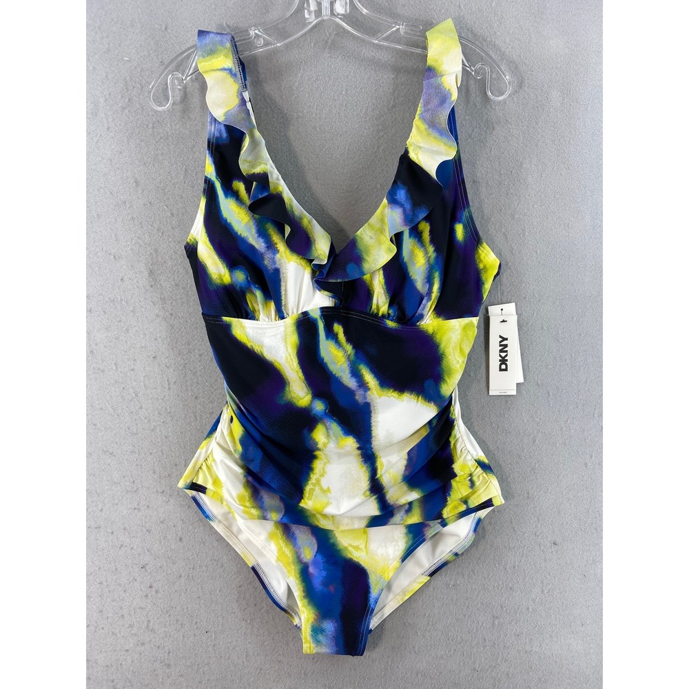 NWT DKNY One Piece Swimsuit Women XL Blue Yellow Abstract Ruffle Underwire
